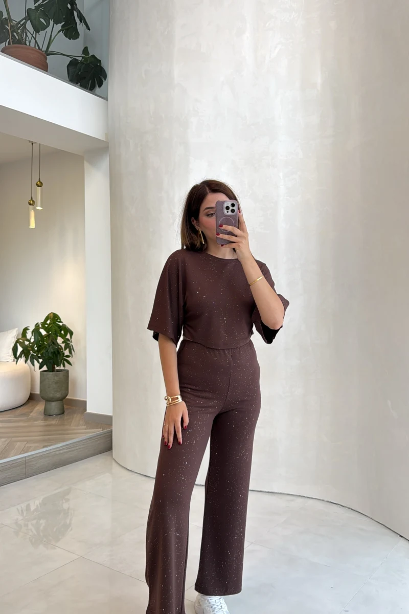 Lena Simli Modal Crop Takım - Kahverengi - Kod: 4162