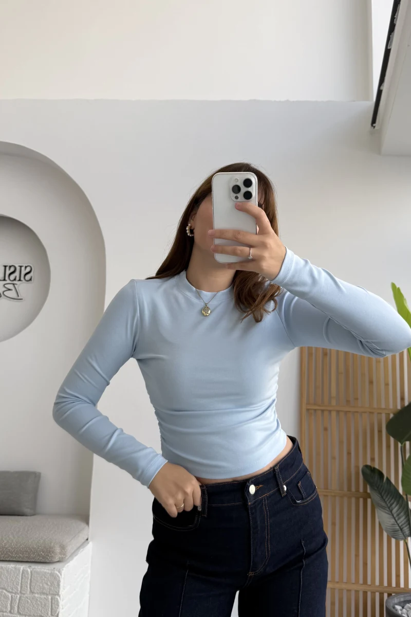 Lena Yanı Büzgülü Likralı Bluz - Bebe Mavisi