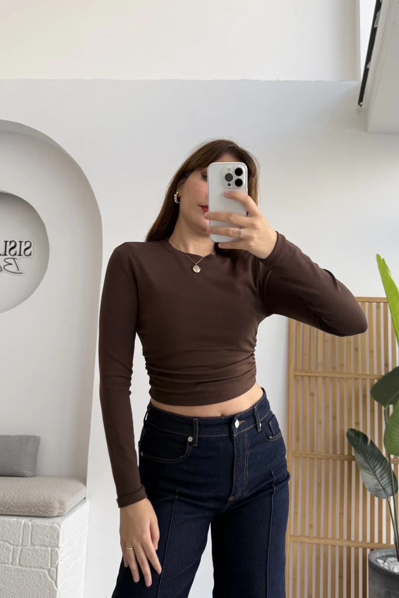 Lena Yanı Büzgülü Likralı Bluz - Kahve