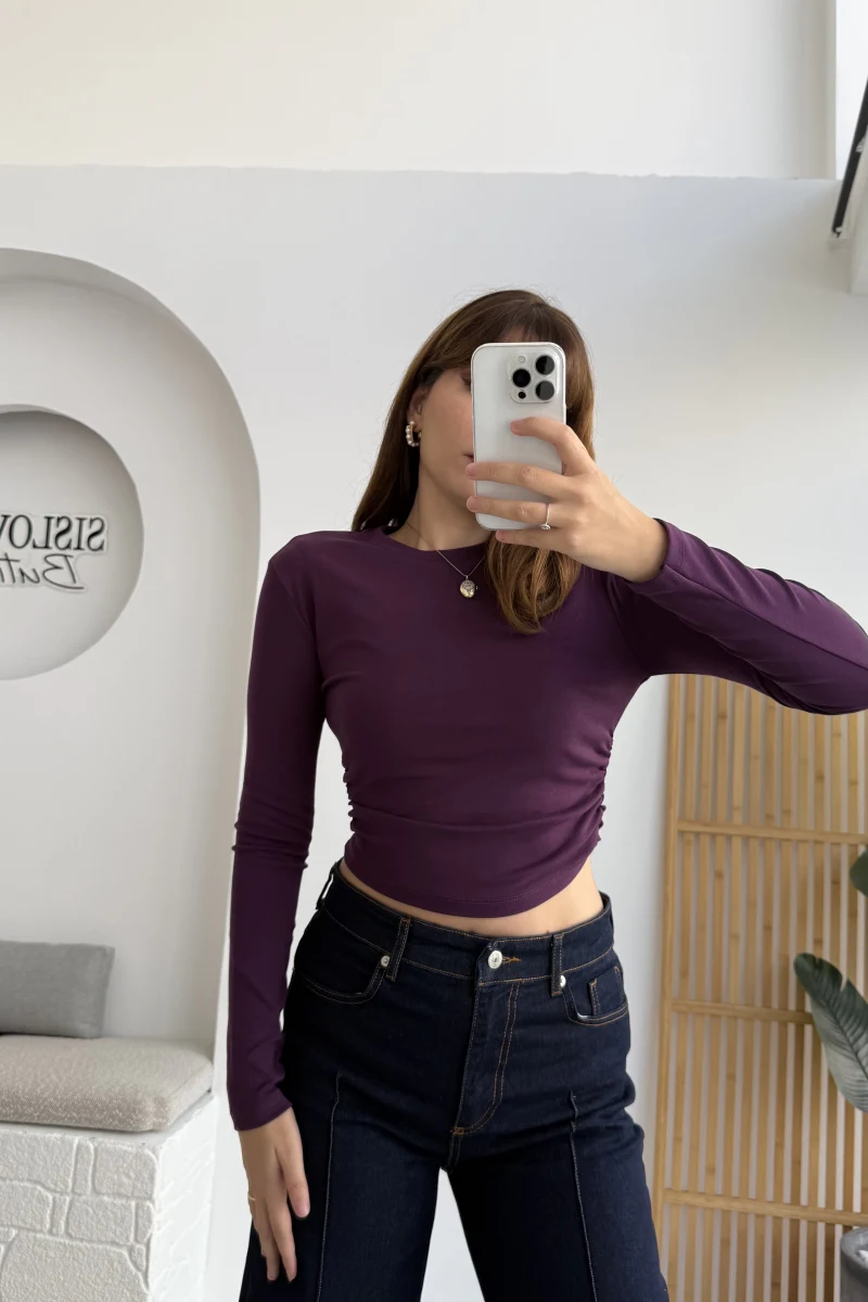 Lena Yanı Büzgülü Likralı Bluz - Mor