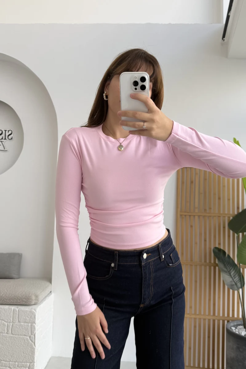 Lena Yanı Büzgülü Likralı Bluz - Pembe