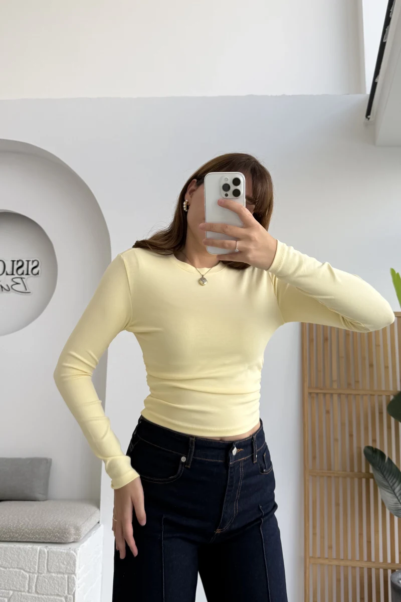 Lena Yanı Büzgülü Likralı Bluz - Sarı