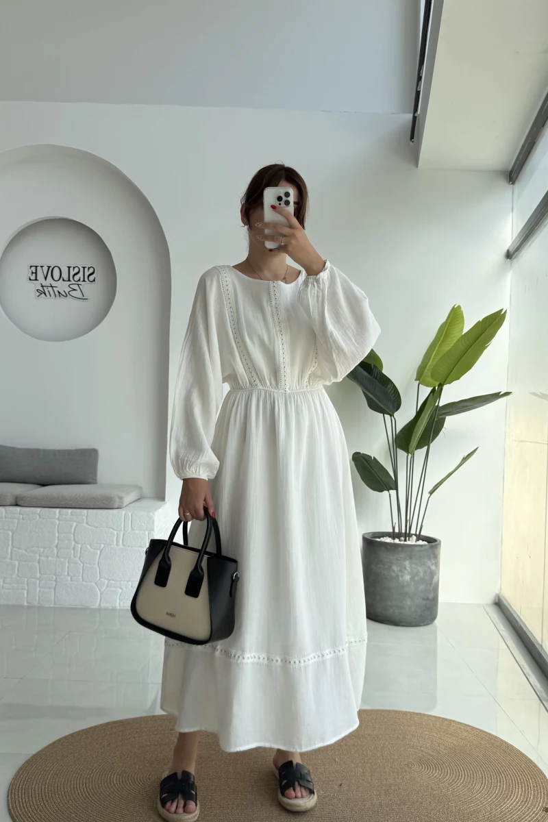 Lenora Zımba Detay Elbise - Kırık Beyaz - 3037