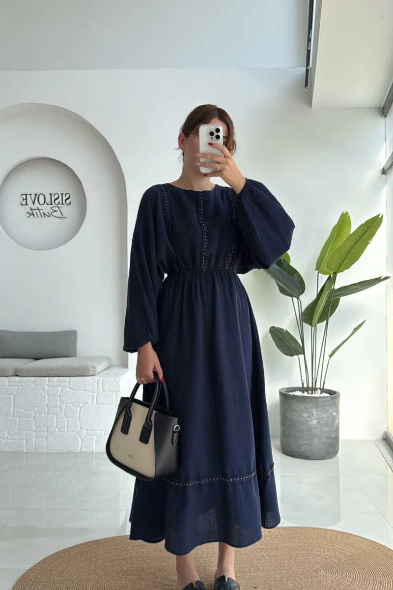 Lenora Zımba Detay Elbise - Lacivert - 3037