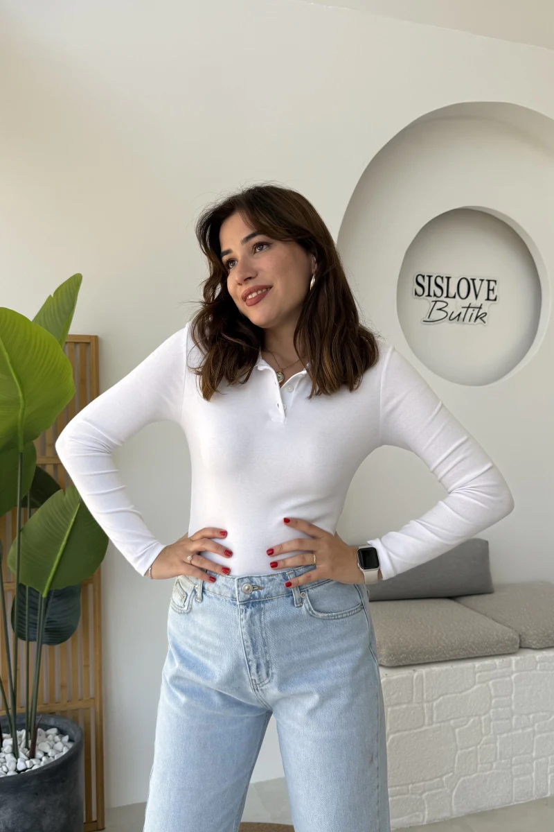 Leona Polo Yaka Uzun Kollu Bluz - Beyaz