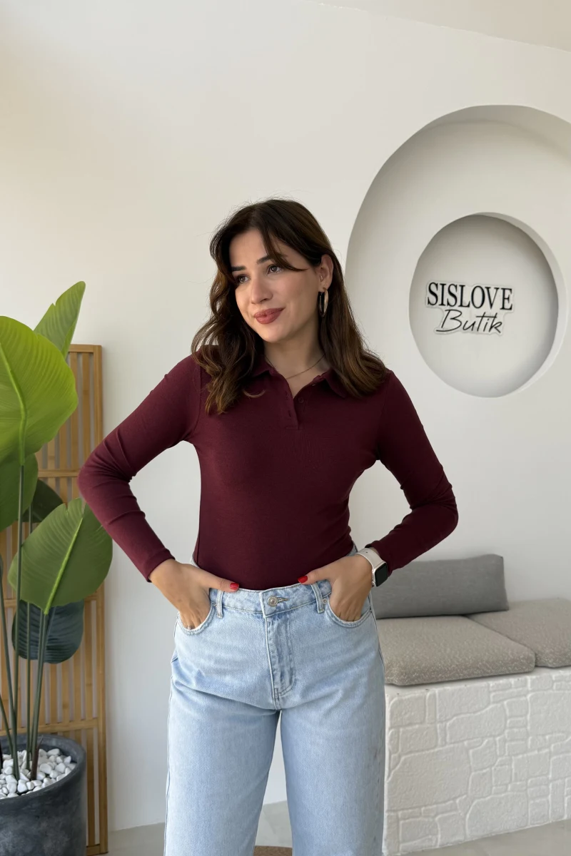 Leona Polo Yaka Uzun Kollu Bluz - Bordo
