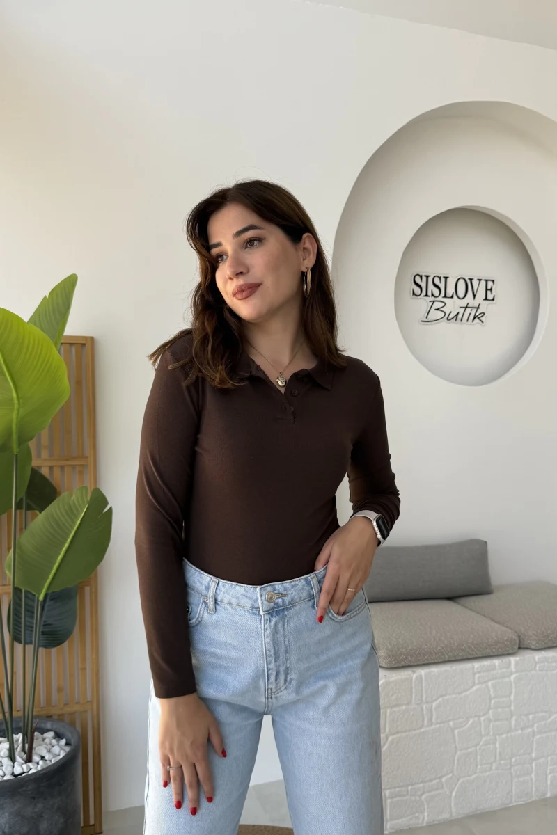 Leona Polo Yaka Uzun Kollu Bluz - Kahve