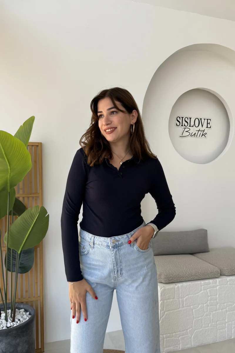 Leona Polo Yaka Uzun Kollu Bluz - Lacivert