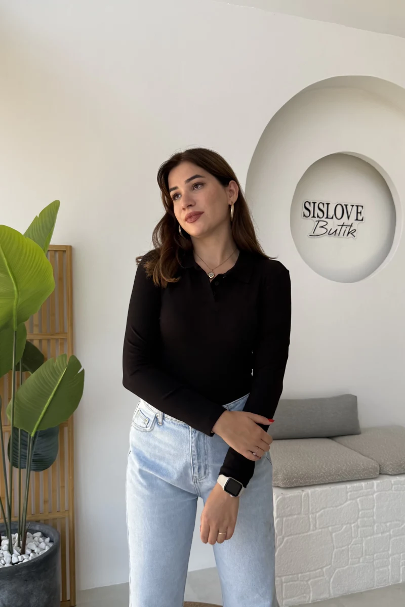 Leona Polo Yaka Uzun Kollu Bluz - Siyah