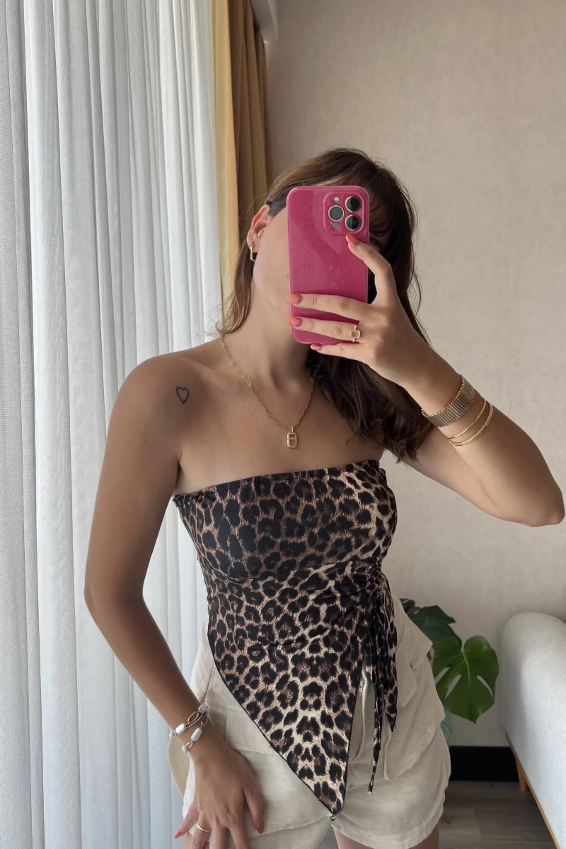 Leopar Straplez Büzgülü Üst