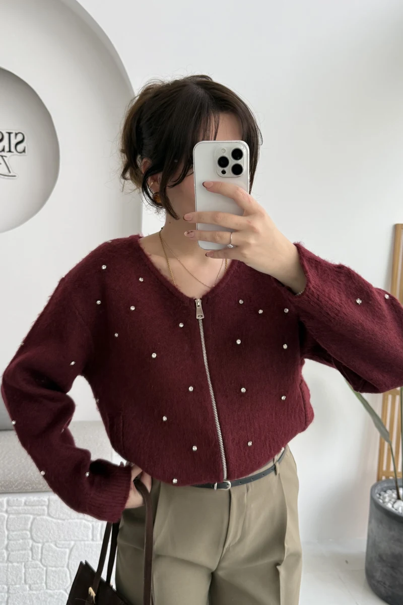 Leya Taşlı Hırka - Bordo - Kod: 4514