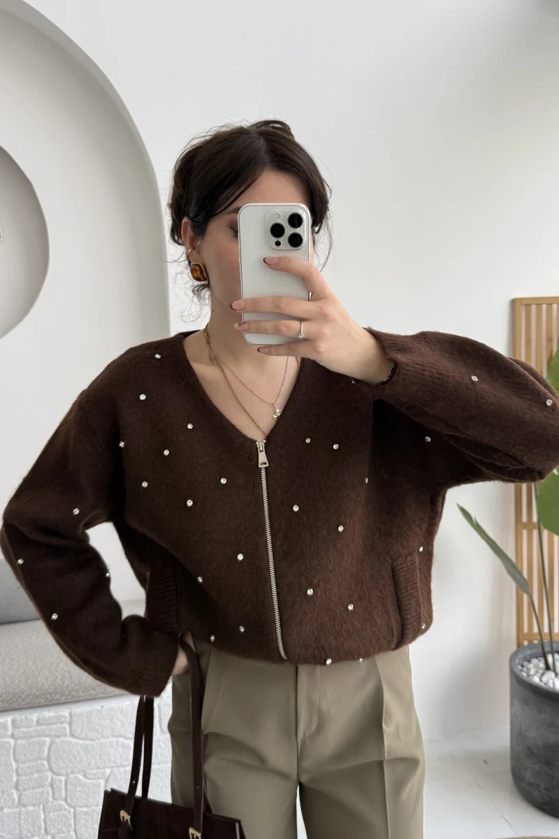 Leya Taşlı Hırka - Kahverengi - Kod: 4514