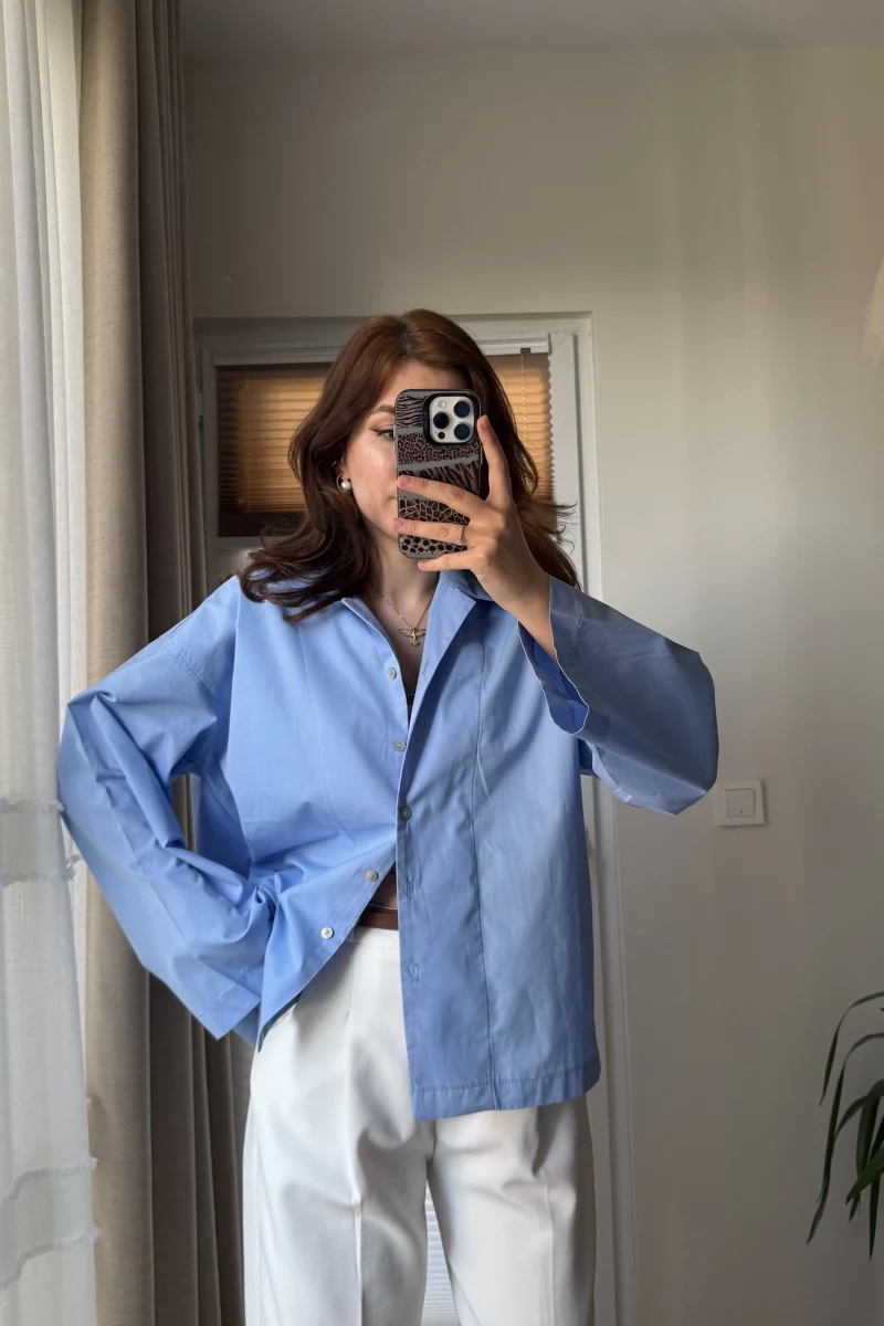 Leyla Poplin Kumaş Mavi Gömlek