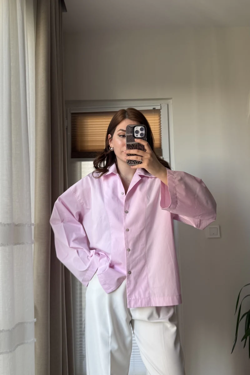 Leyla Poplin Kumaş Pembe Gömlek