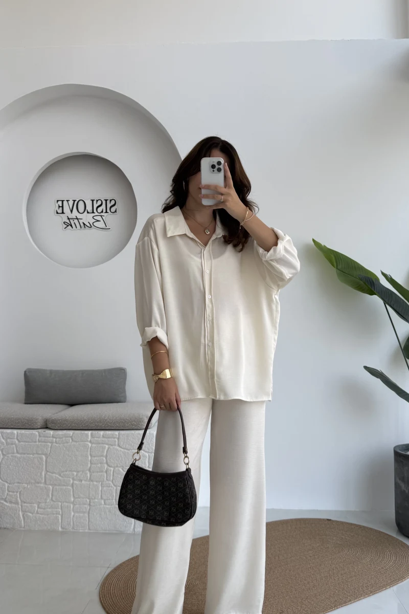 Lida Saten Gömlek Pantolon Takım - Ekru - Kod: 6022