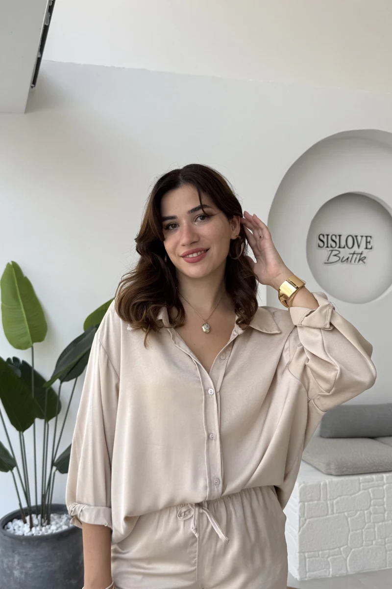 Lida Saten Gömlek Pantolon Takım - Vizon - Kod: 6022