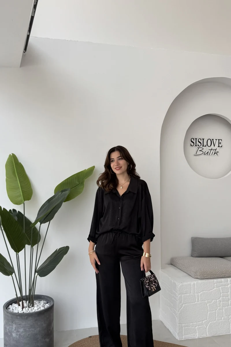 Lida Saten Gömlek Pantolon Takım - Siyah - Kod: 6022