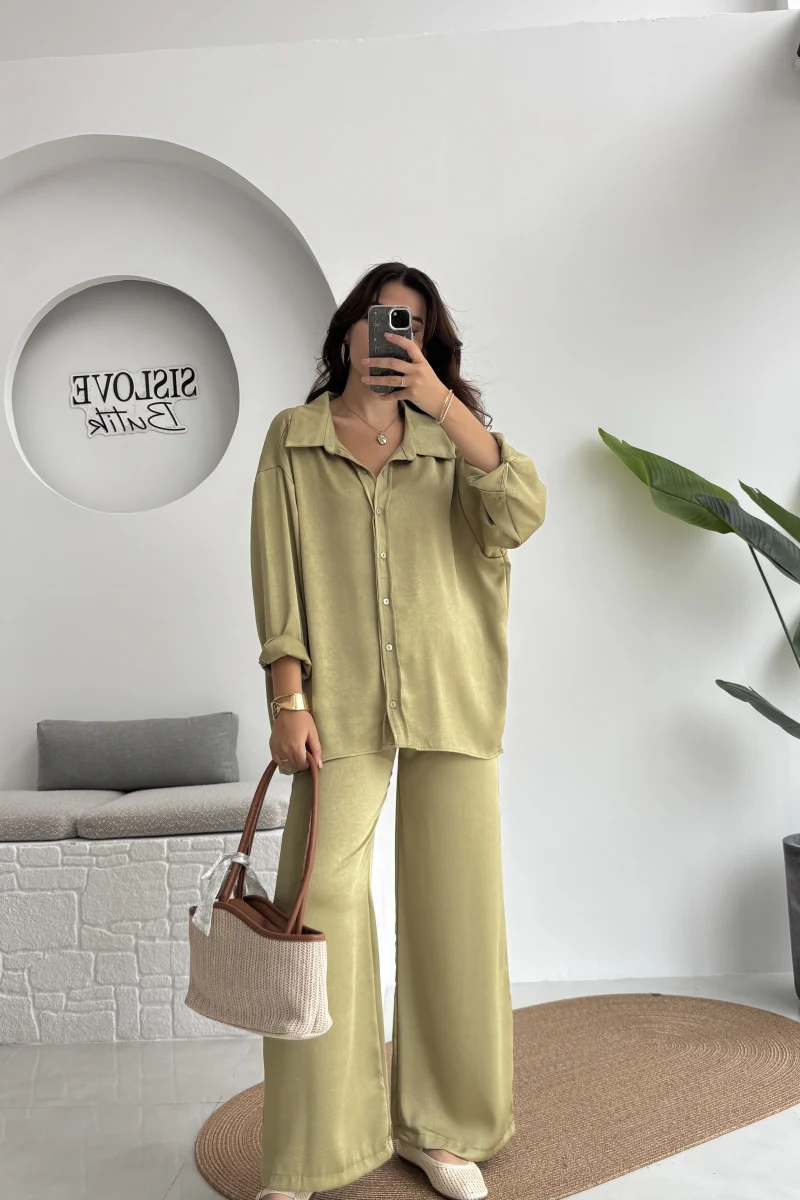 Lida Saten Gömlek Pantolon Takım - Yağ Yeşili - Kod: 6022