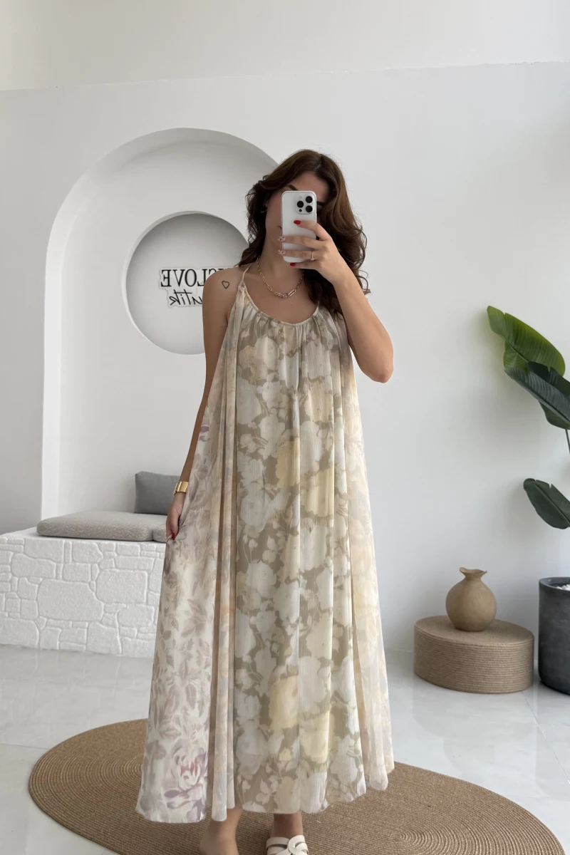 Lime Askılı Dökümlü Elbise - Açık Ton 1 - 3321