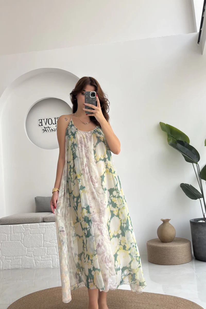 Lime Askılı Dökümlü Elbise - Koyu Ton 2 - 3321