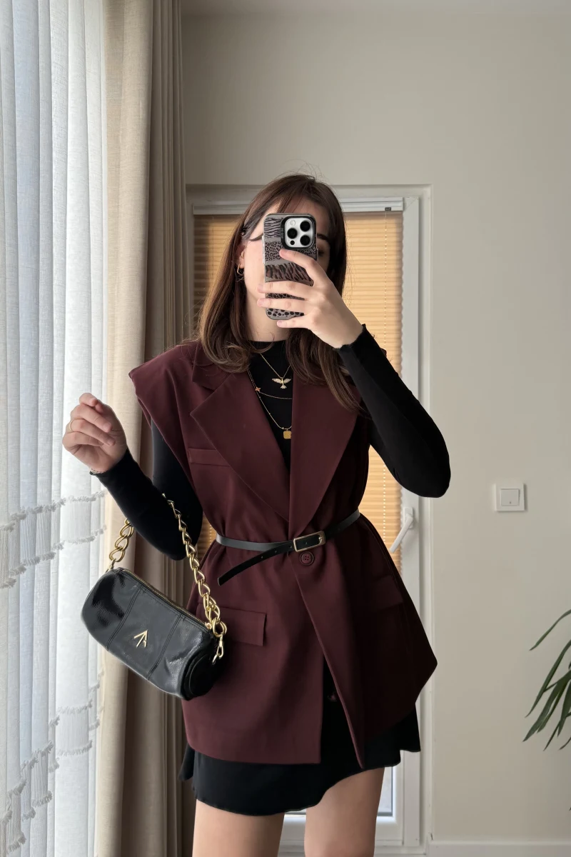 Line Kemerli Vatkalı Yelek Bordo