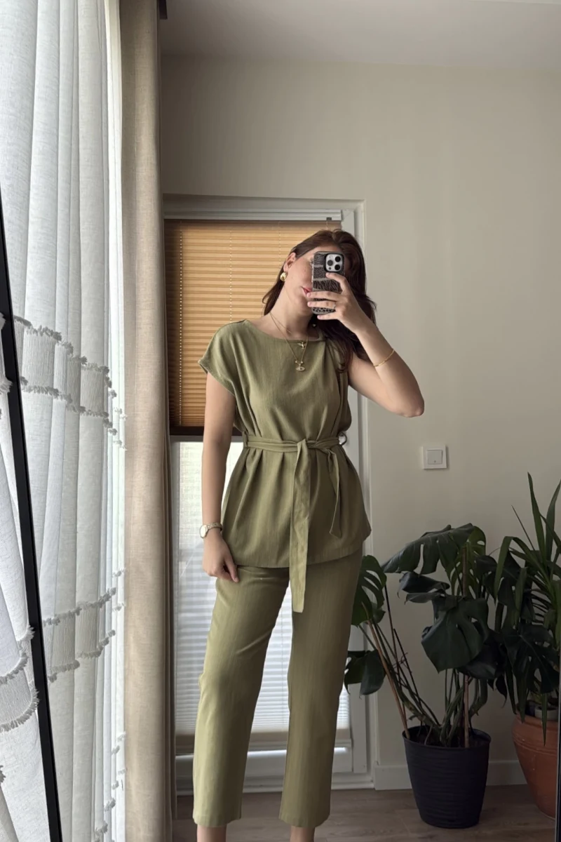 Lipa Omuz Detay Kuşaklı Takım - Haki - 8644