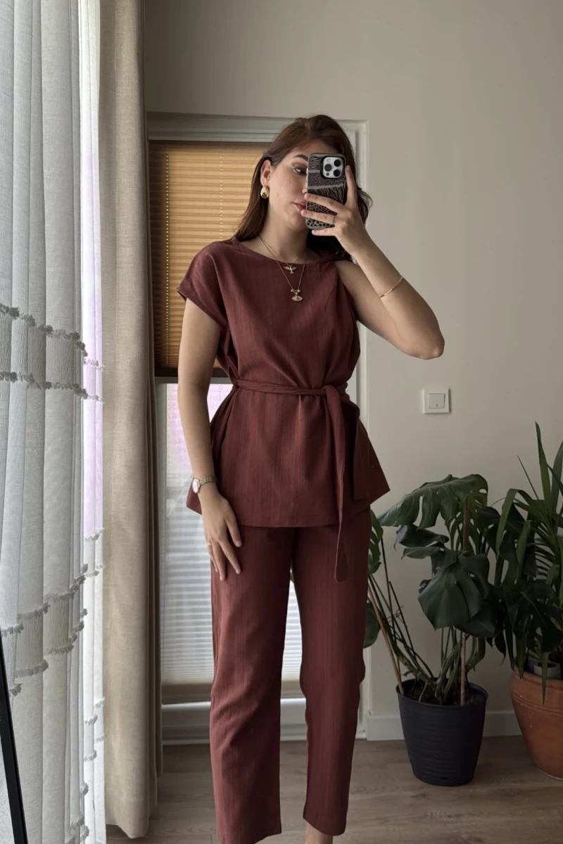 Lipa Omuz Detay Kuşaklı Takım - Kiremit - 8644