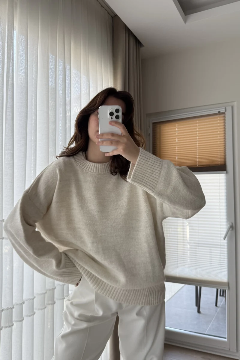 Liza Bisiklet Yaka Kazak Ekru