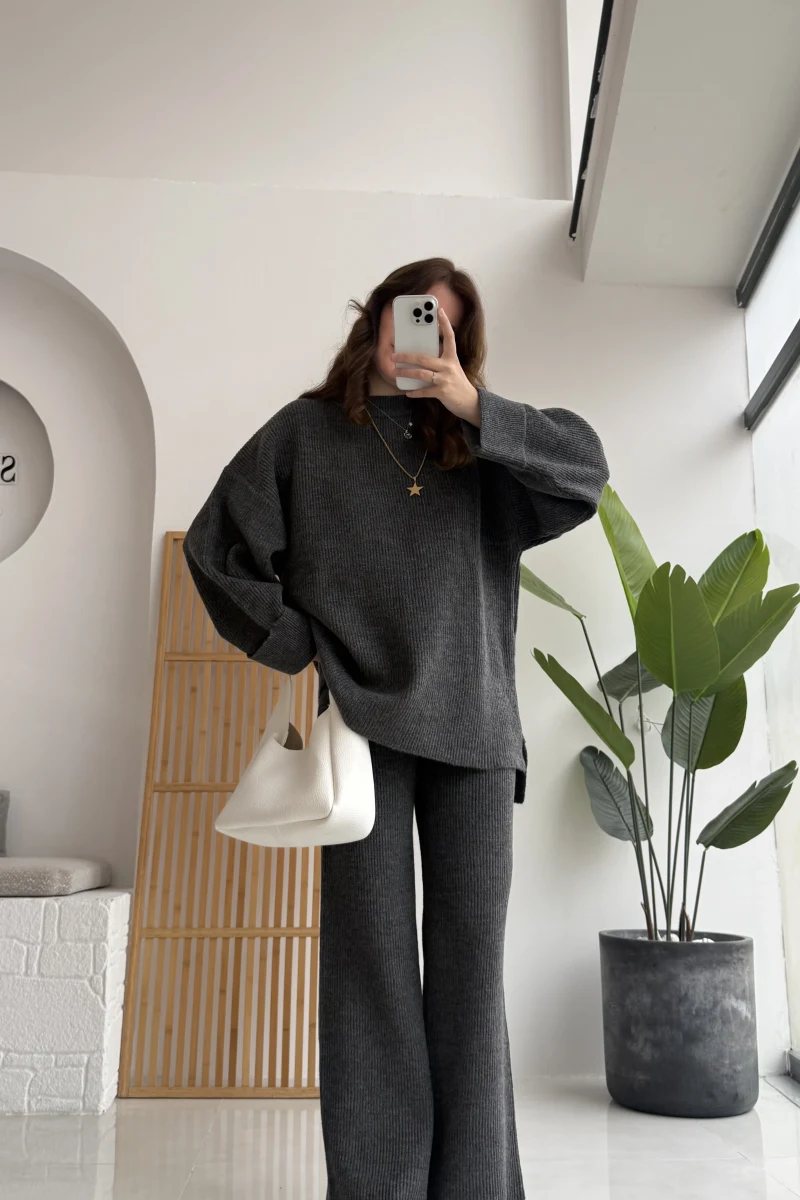 Lorenzo Bisiklet Yaka Kol Detaylı Örme Alt-Üst Takım - Antrasit