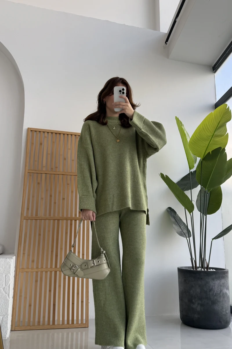 Lorenzo Bisiklet Yaka Kol Detaylı Örme Alt-Üst Takım - Çağla Yeşili