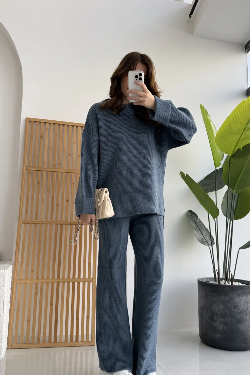 Lorenzo Bisiklet Yaka Kol Detaylı Örme Alt-Üst Takım - İndigo