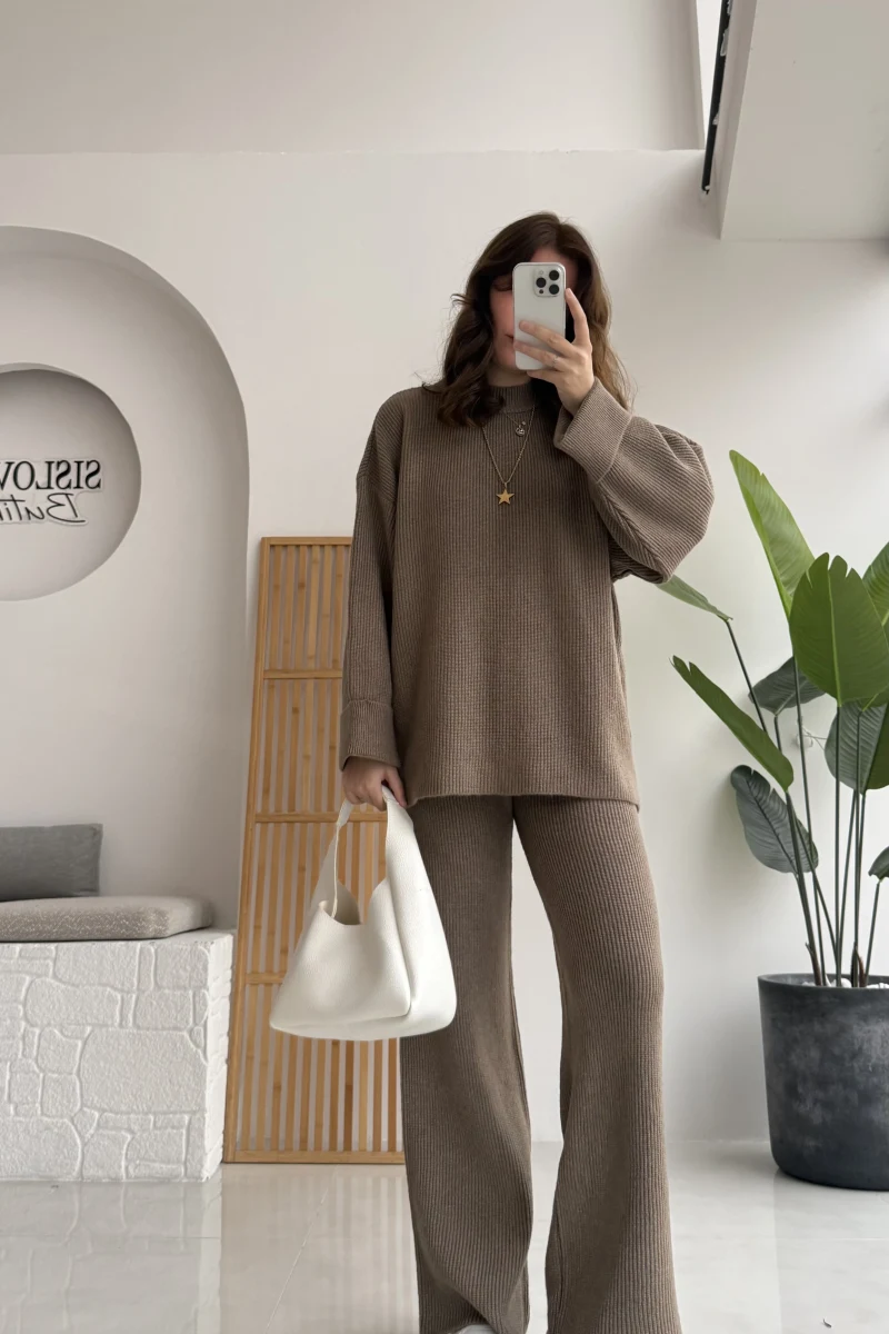 Lorenzo Bisiklet Yaka Kol Detaylı Örme Alt-Üst Takım - Vizon