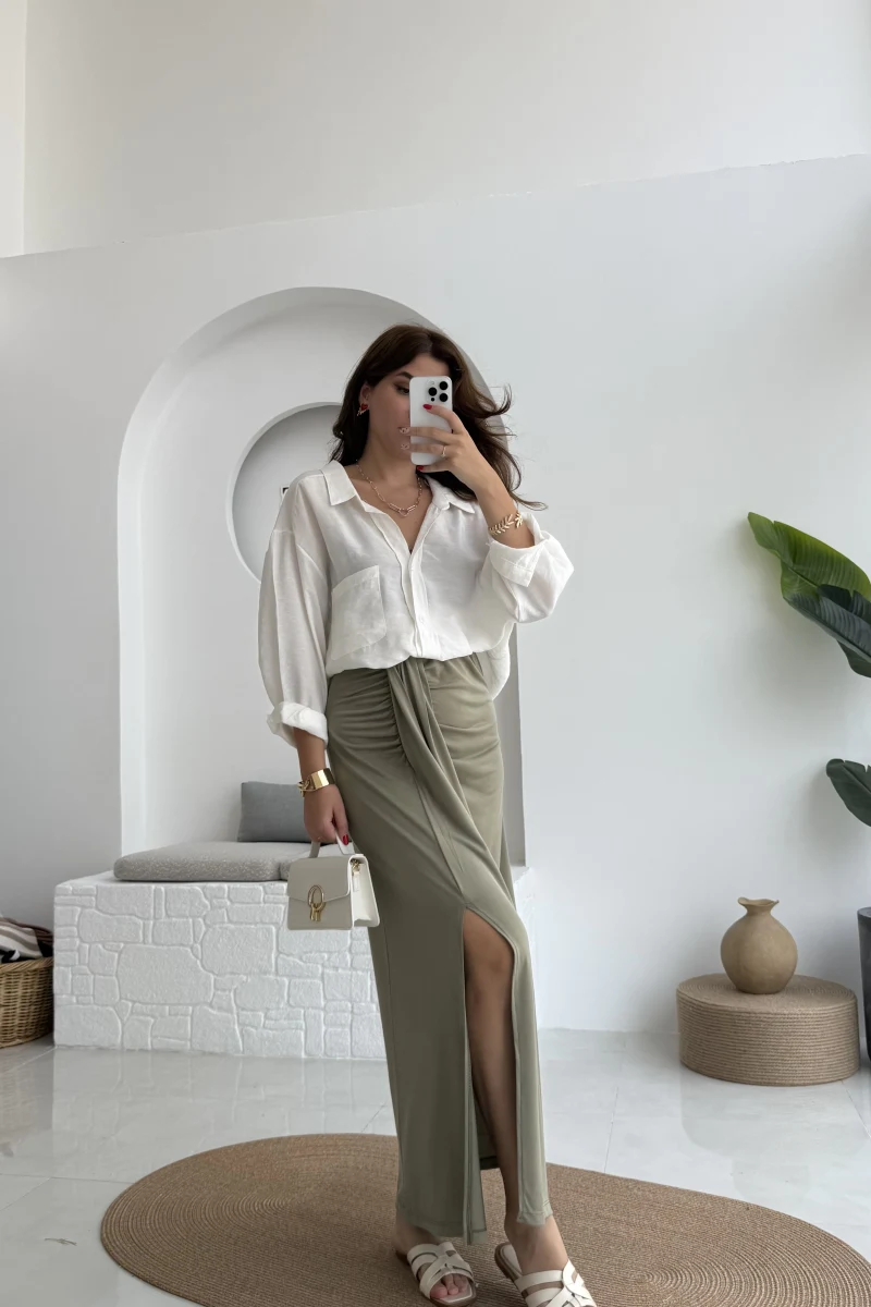 Lotus Yırtmaçlı Büzgülü Etek - Haki - 3345