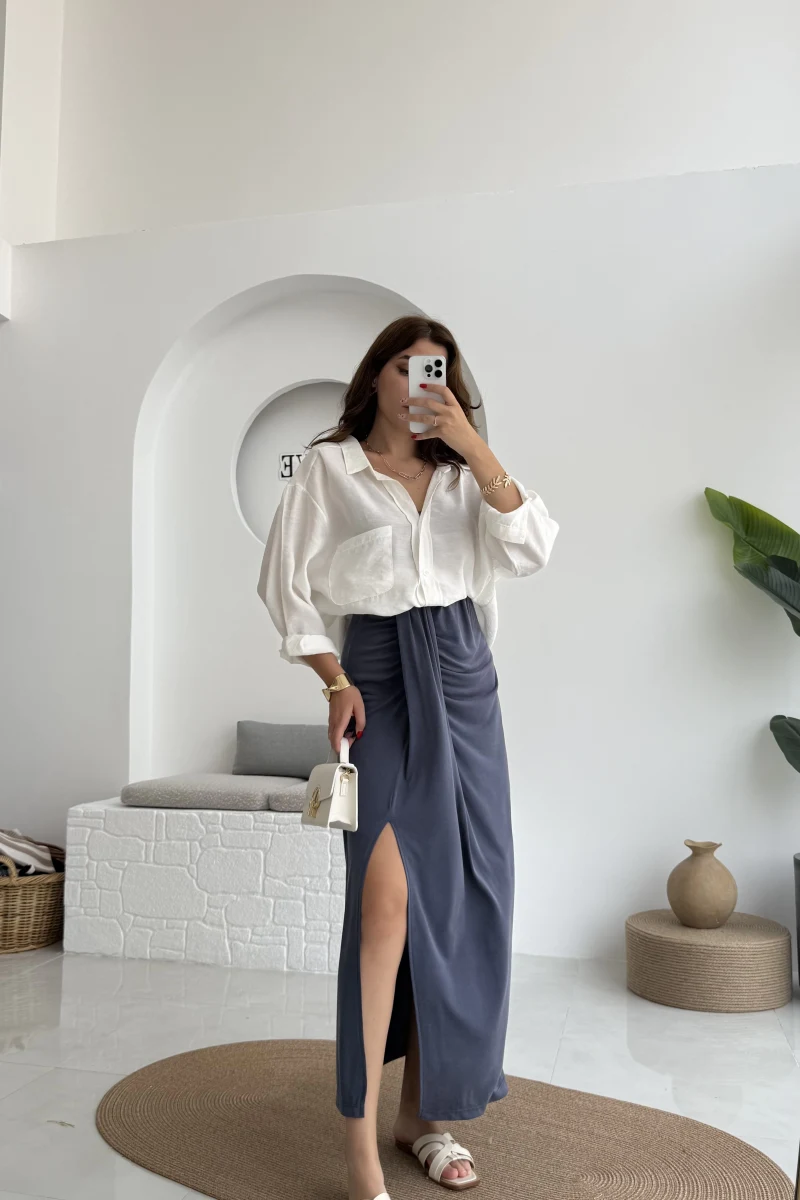 Lotus Yırtmaçlı Büzgülü Etek - İndigo - 3345