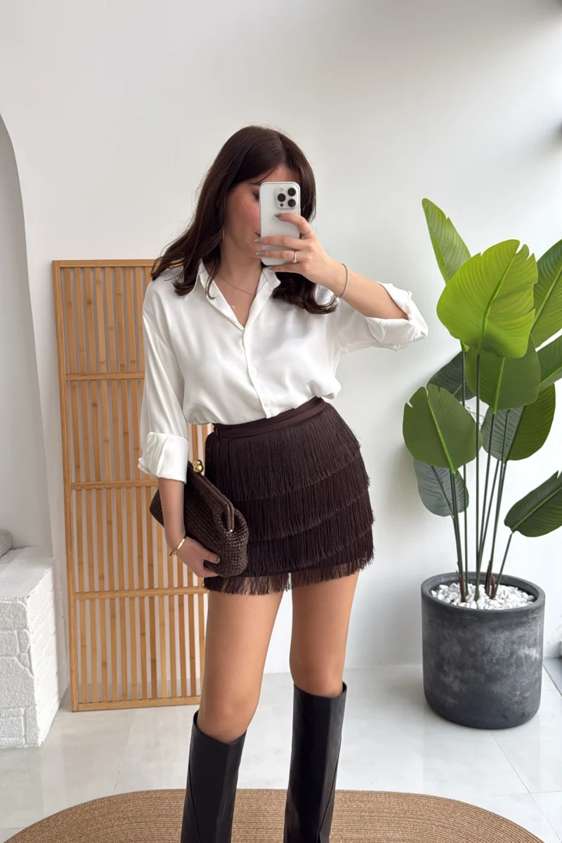 Louis Püsküllü Saten Etek - Acı Kahve - Kod: 3363