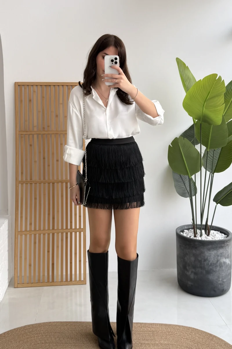 Louis Püsküllü Saten Etek - Siyah - Kod: 3363