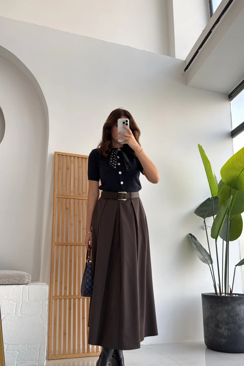 Lovelyy Poliviskon Kemerli Midi Etek - Koyu Kahve - Kod: 3360