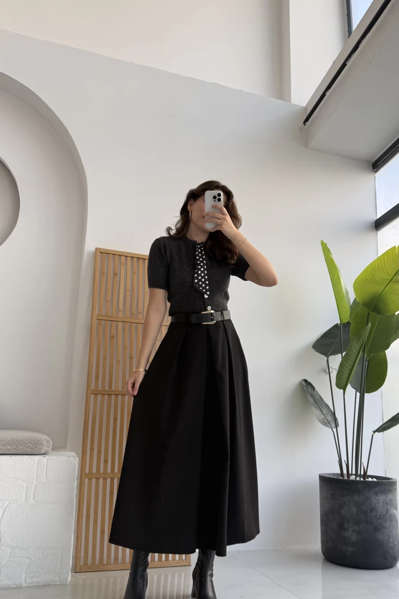 Lovely Poliviskon Kemerli Midi Etek - Siyah - Kod: 3360