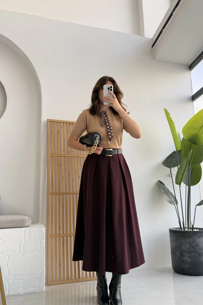 Lovelyy Poliviskon Kemerli Midi Etek - Bordo - Kod: 3360