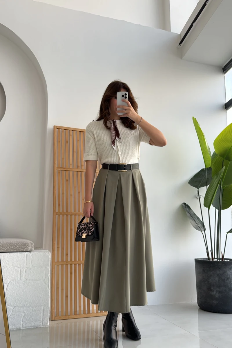 Lovelyy Poliviskon Kemerli Midi Etek - Haki - Kod: 3360