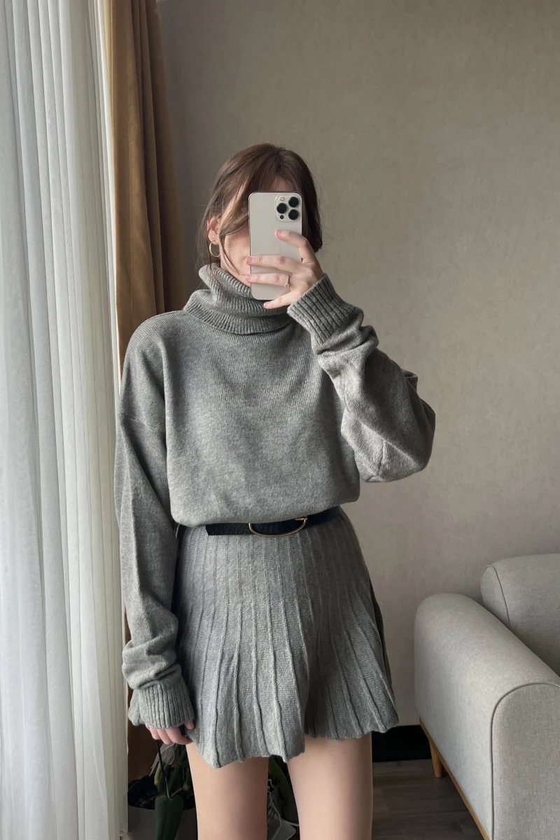 Lowe Gri-Vizon Tonu Triko Kazak Etek Takım