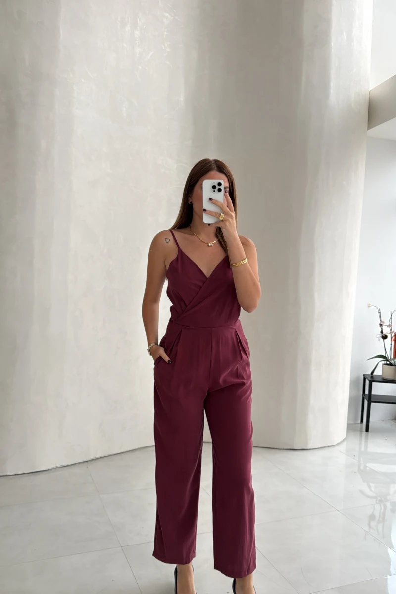 Luena Beli Lastikli Askılı Tulum - Bordo - Kod: 580976