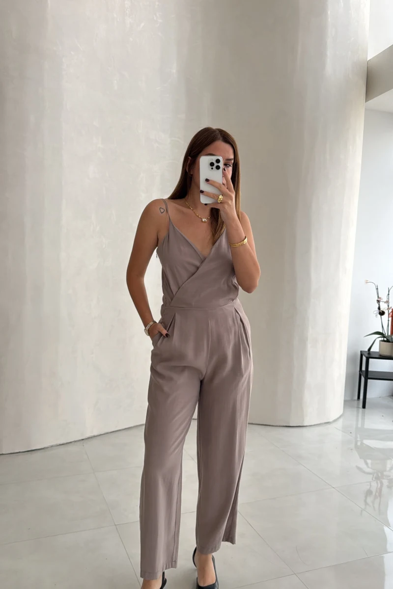 Luena Beli Lastikli Askılı Tulum - Vizon - Kod: 580976
