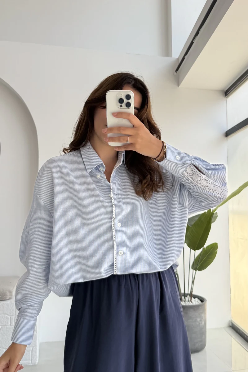 Luena Dantelli Çizgili Gömlek - Mavi - Kod: 4958