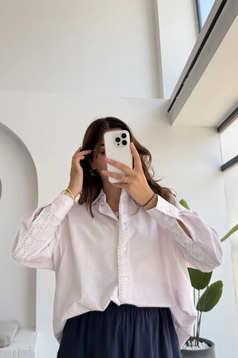 Luena Dantelli Çizgili Gömlek - Pembe - Kod: 4958