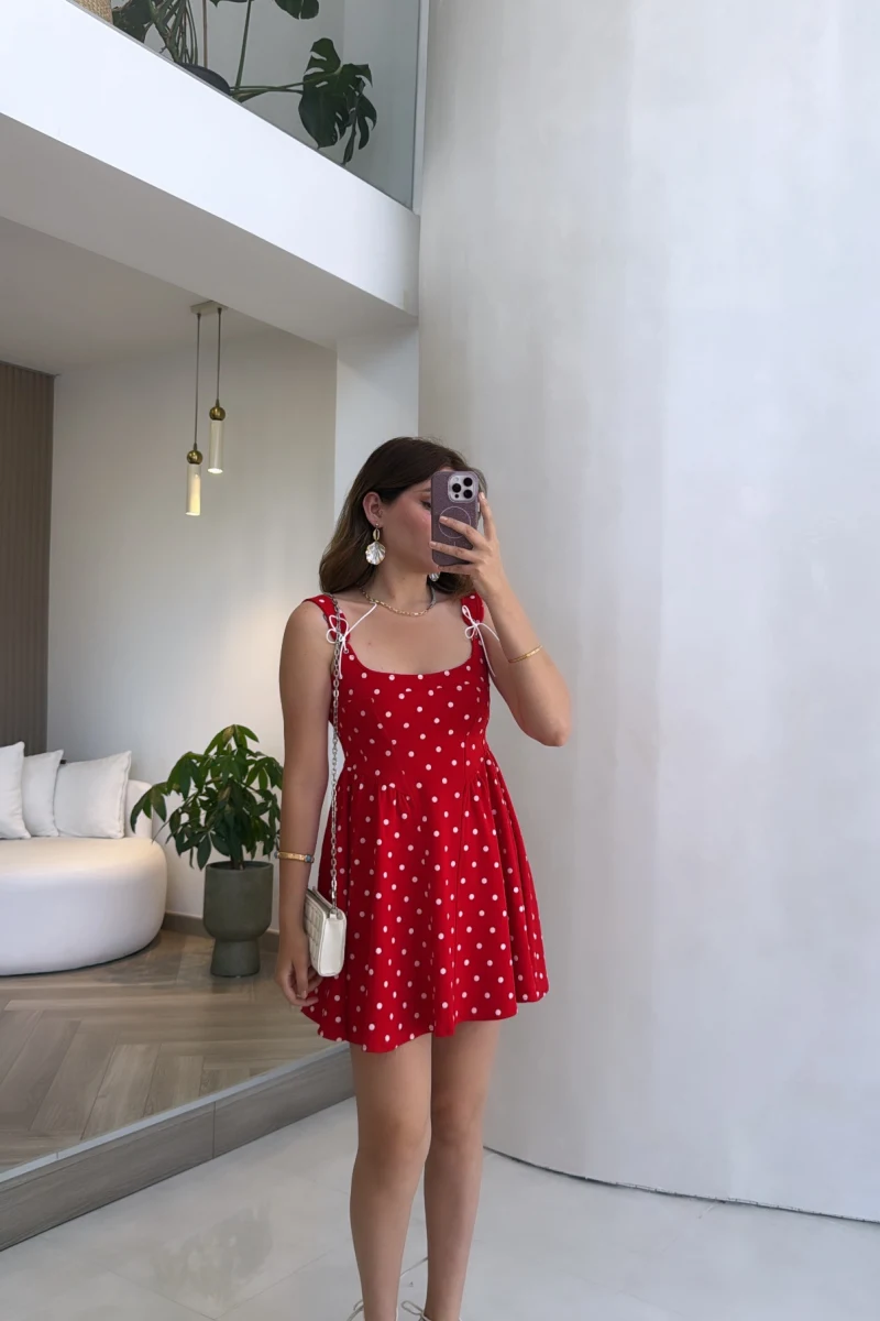 Luena Puantiye Desenli Askılı Mini Elbise - Kırmızı - Kod: 4154