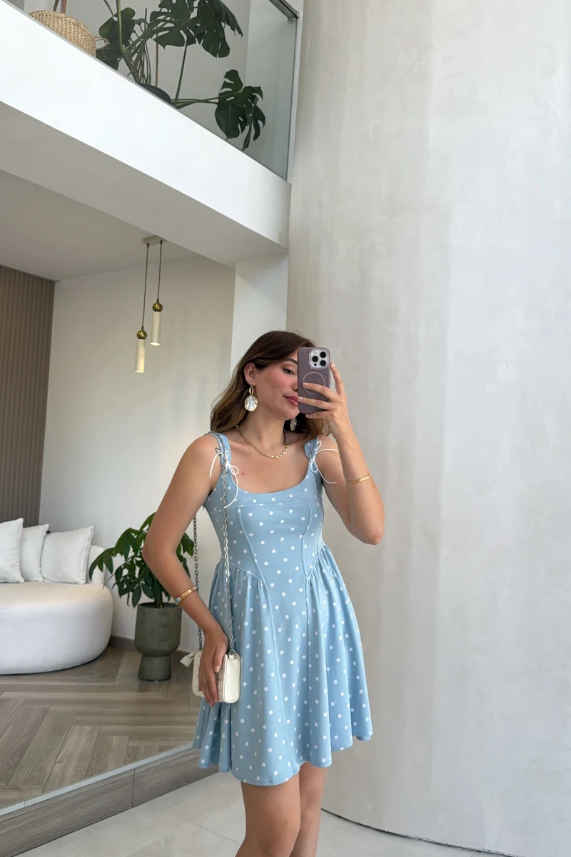 Luena Puantiye Desenli Askılı Mini Elbise - Mavi - Kod: 4154