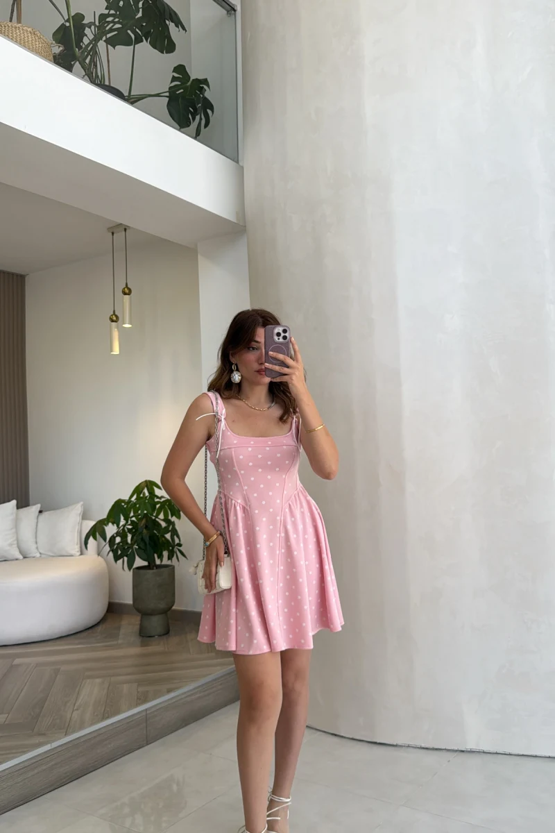 Luena Puantiye Desenli Askılı Mini Elbise - Pembe - Kod: 4154