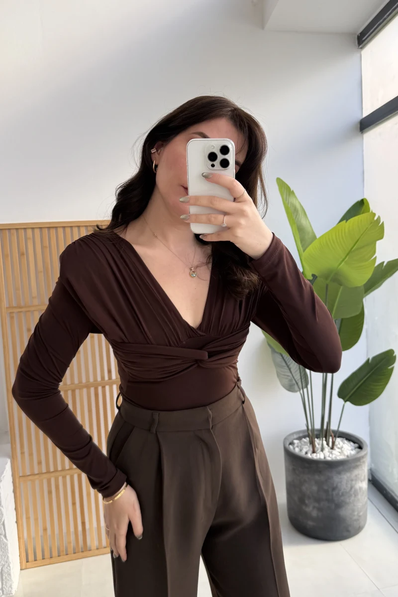 Lydia Vatkalı Önden Büzgülü Bluz - Acı Kahve