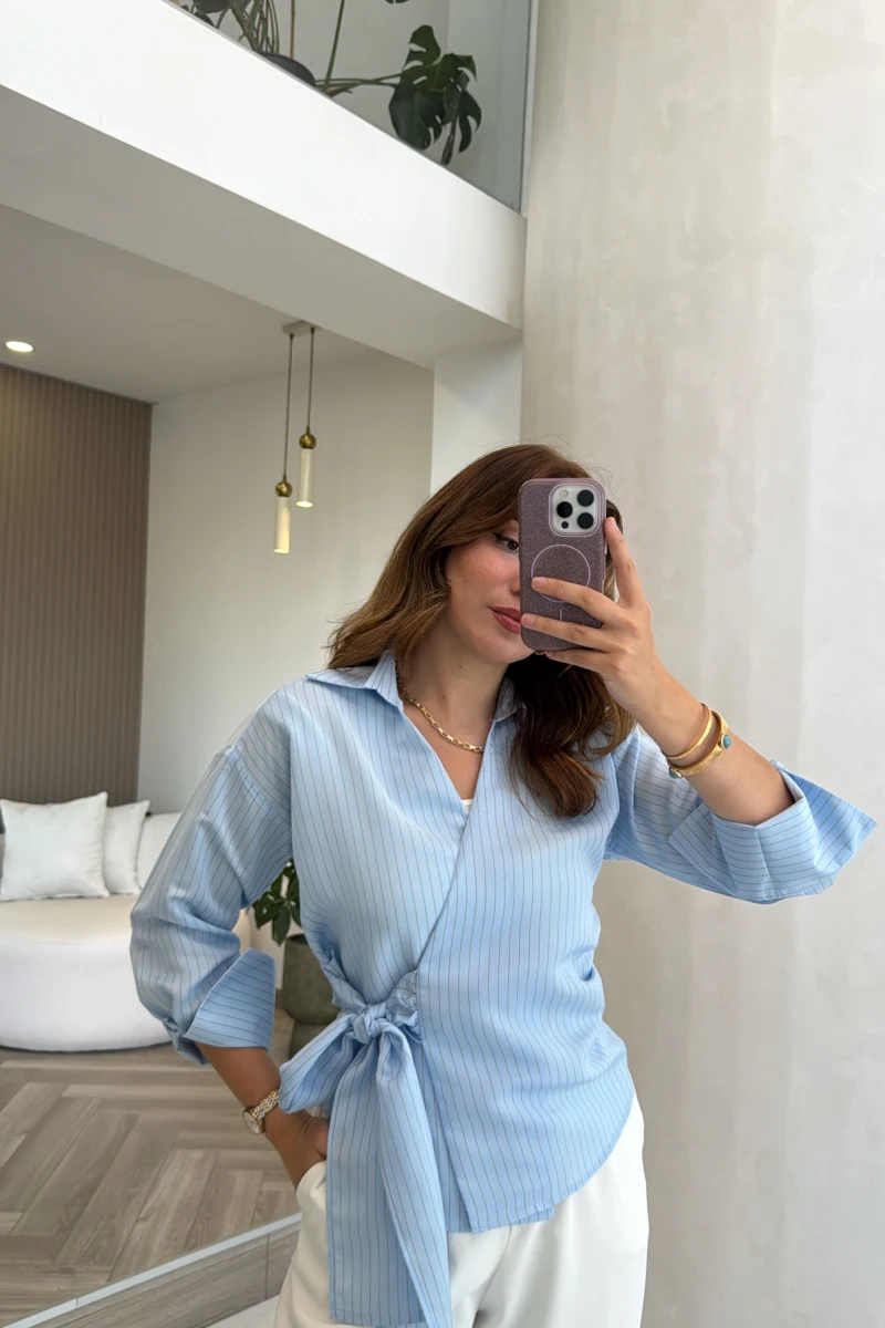 Lyssa Bağlamalı Çizgili Bluz - Mavi - Kod: 1089